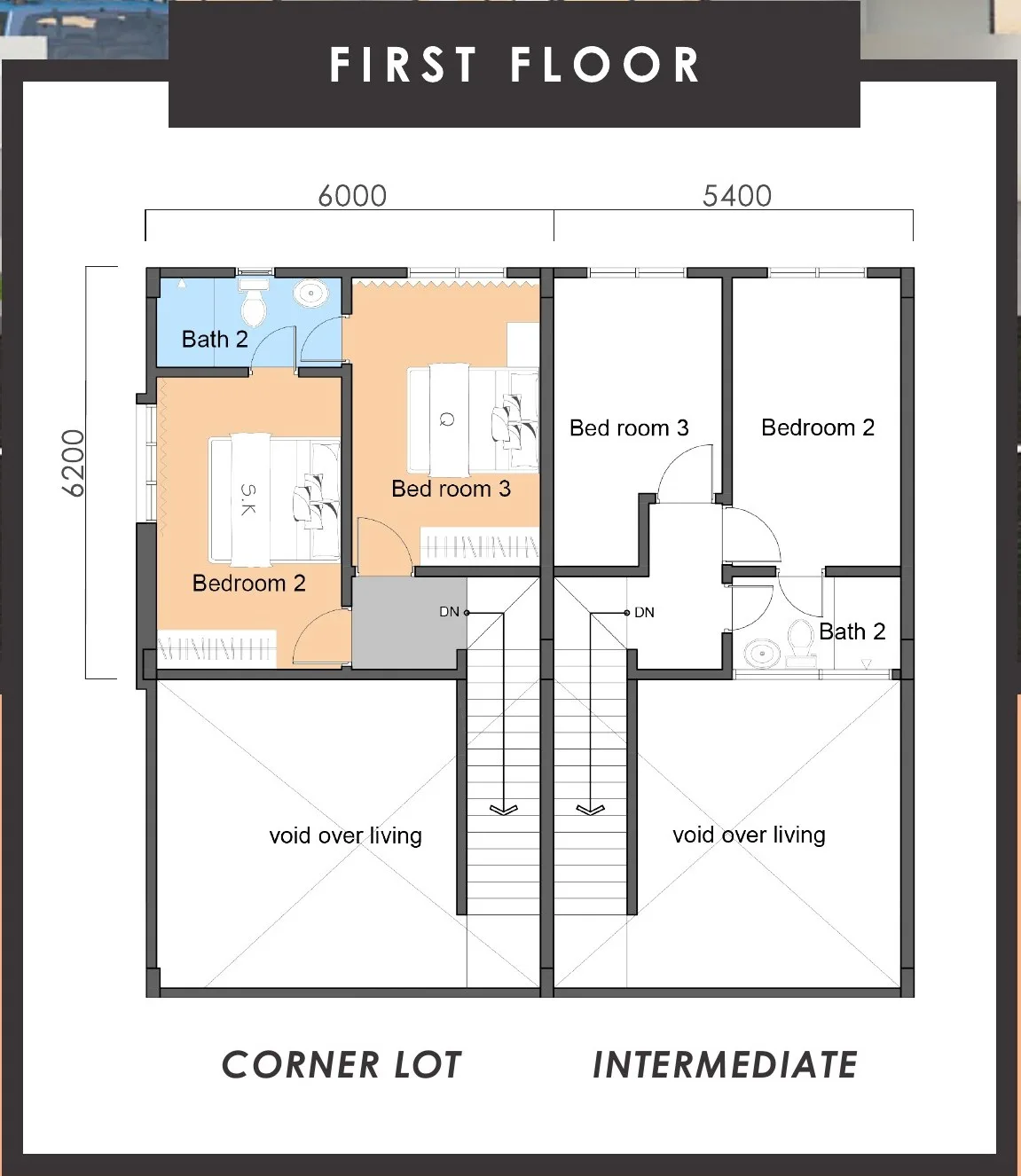 First-floor plan, corner lot and intermediate house side by side: bedrooms 2 and 3, bath 2 and the void over the living room, from the developer’s brochure at Taman Flamingo, Menggatal, Kota Kinabalu, Sabah