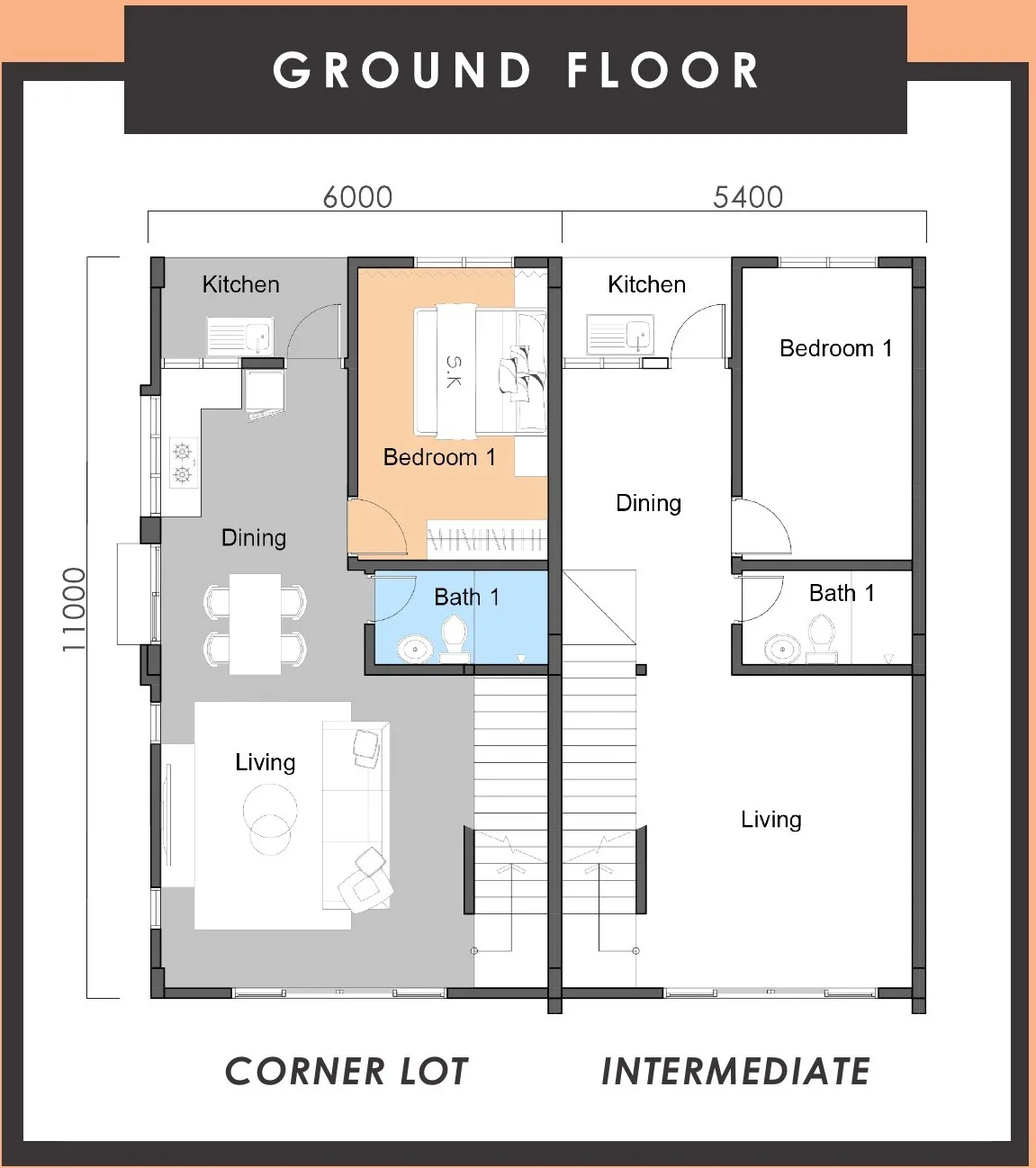 Ground-floor plan, corner lot and intermediate house side by side: living, dining, kitchen, bedroom 1 and bath 1, from the developer’s brochure at Taman Flamingo, Menggatal, Kota Kinabalu, Sabah