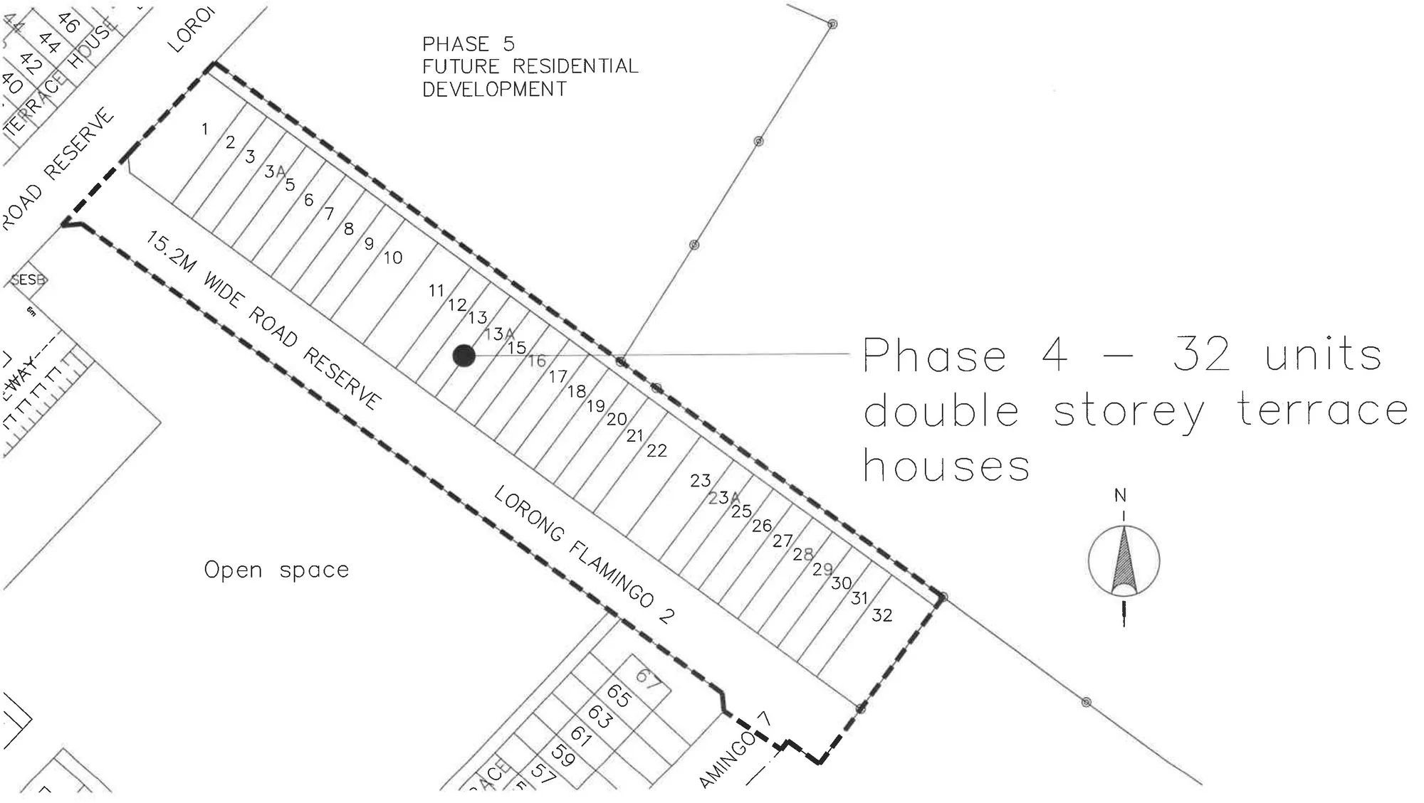Phase 4 site plan: 32 lots in three rows along Lorong Flamingo 2, facing the open space, with Phase 5 marked as future residential development, from the developer’s brochure at Taman Flamingo, Menggatal, Kota Kinabalu, Sabah