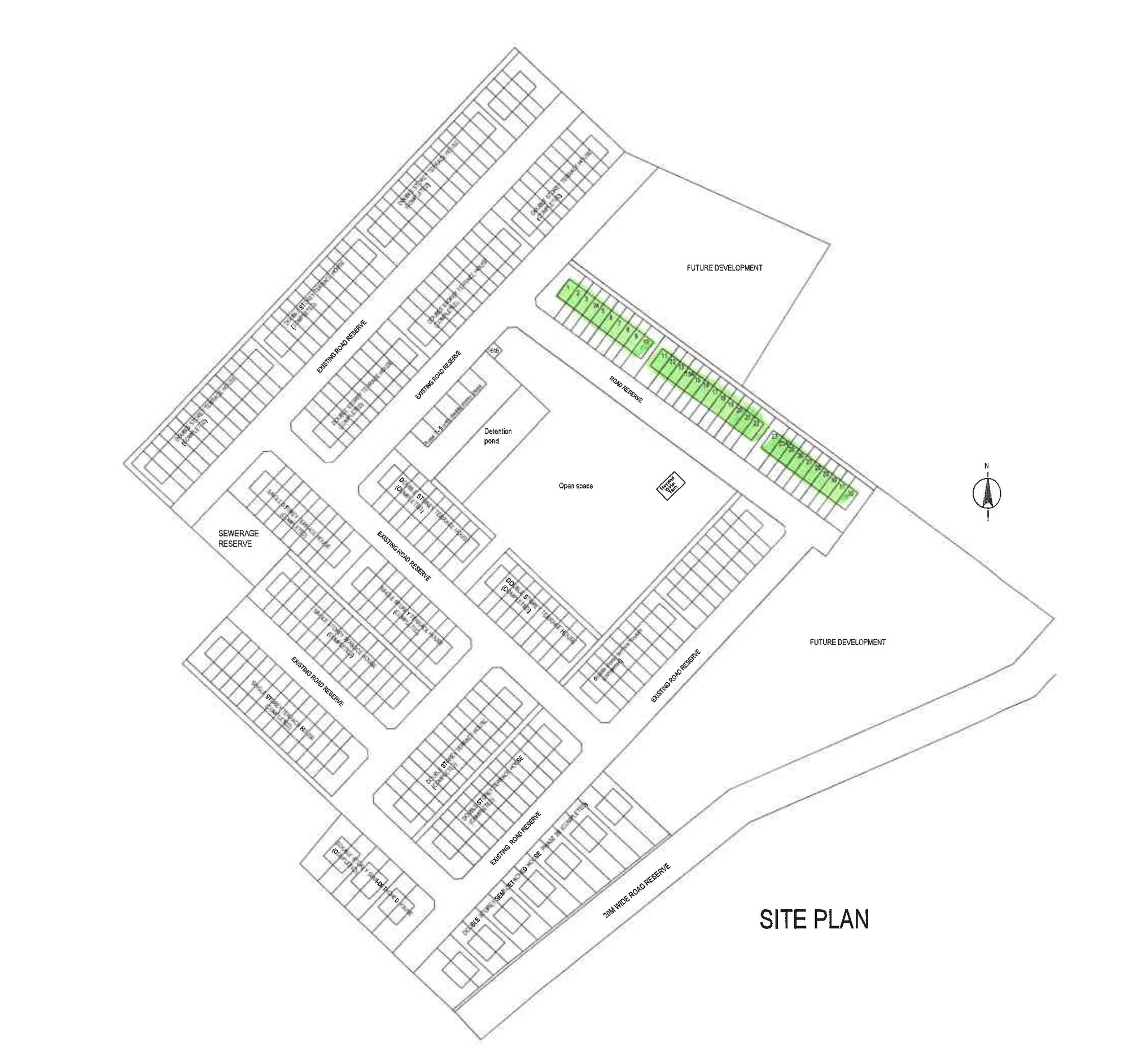 Taman Flamingo township site plan with the Phase 4 rows highlighted in green, the completed earlier phases, the open space and detention pond, from the developer’s brochure at Taman Flamingo, Menggatal, Kota Kinabalu, Sabah