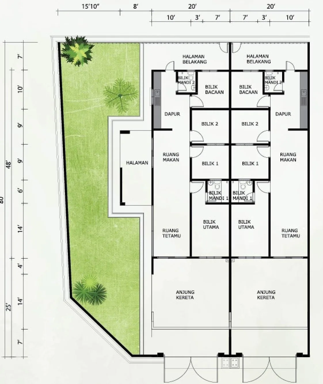 Floor plan of a corner and an intermediate single-storey terrace house, 20 x 80 ft lots, Taman Gopeng Mewah, Gopeng, Perak