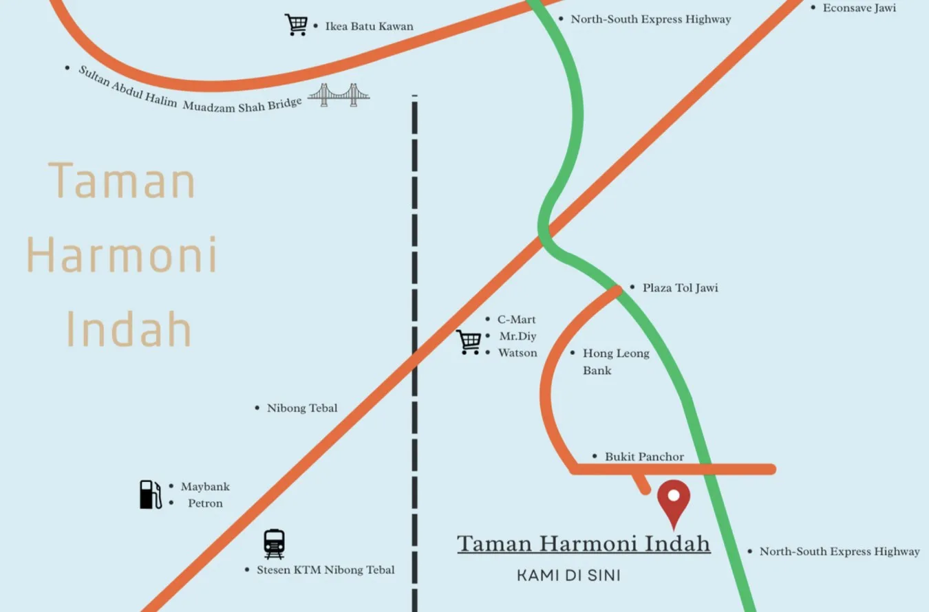 Taman Harmoni Indah location map showing the North–South Expressway, Plaza Tol Jawi, Bukit Panchor and the Nibong Tebal KTM station, Penang