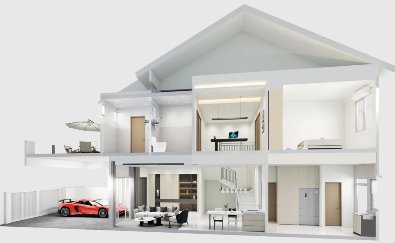 Taman Harmoni Indah two-storey terrace house, cutaway artist's impression showing both floors, Nibong Tebal, Penang
