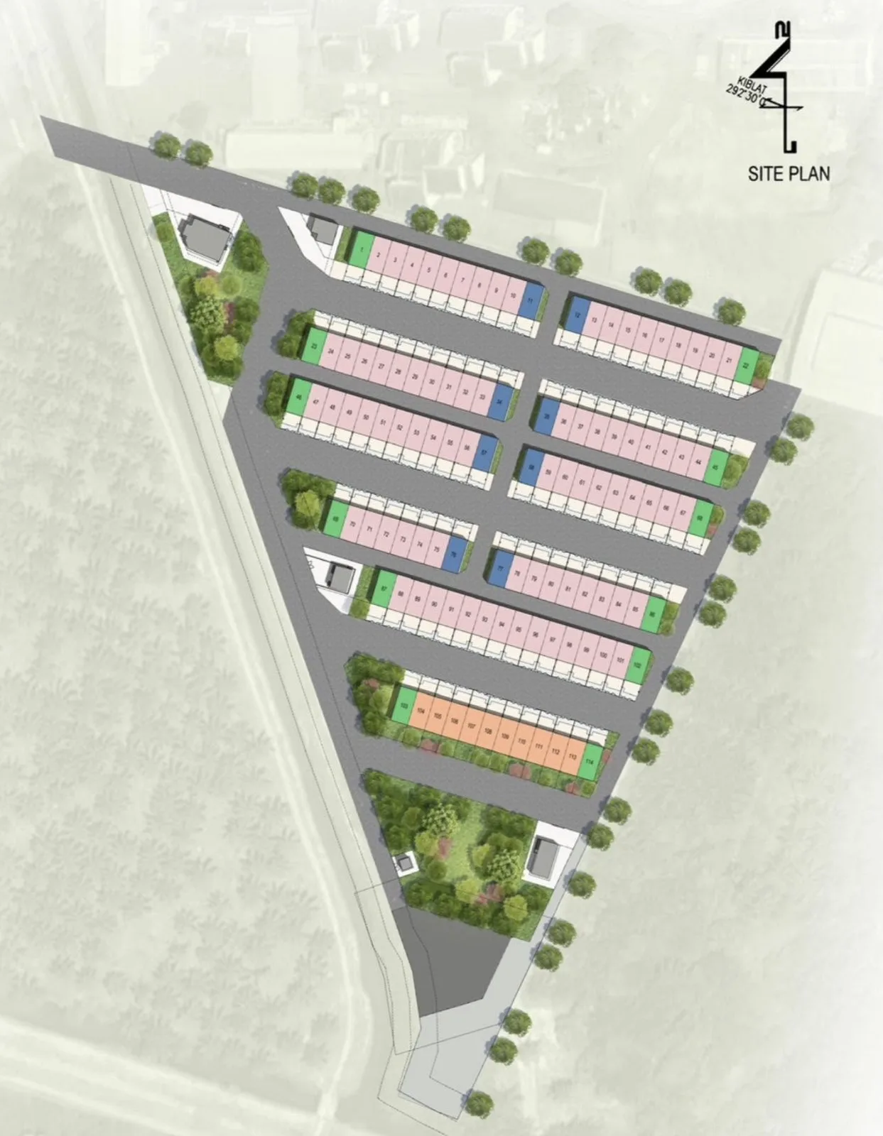 Taman Harmoni Indah site plan with the 114 terrace lots numbered, Nibong Tebal, Penang
