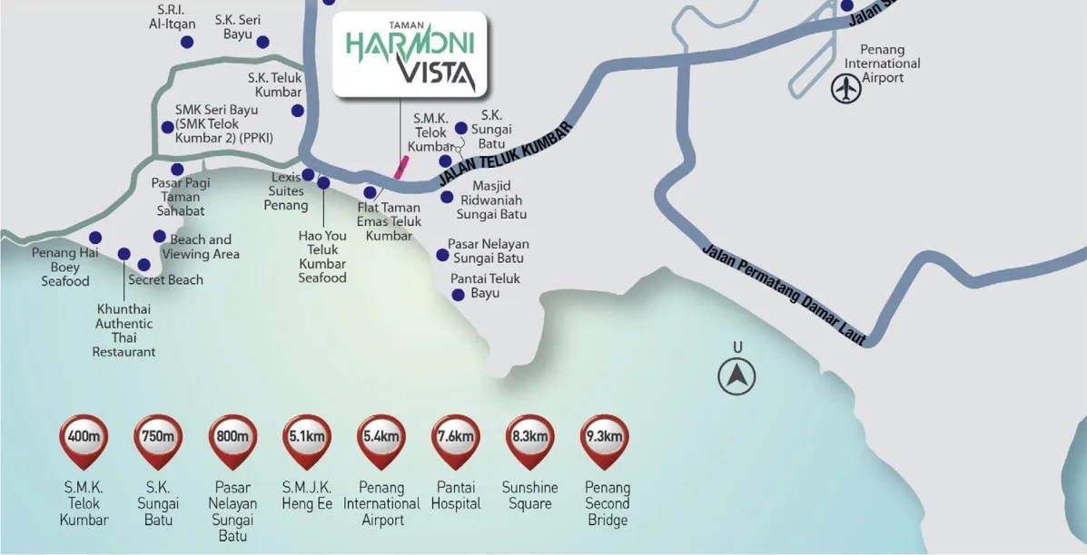 Taman Harmoni Vista location map on Jalan Teluk Kumbar with the developer's road distances, Teluk Kumbar, Penang