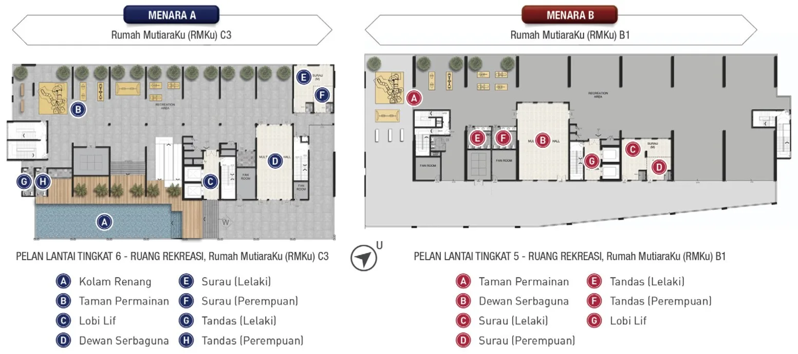 Taman Harmoni Vista recreation floor plans — Tower A Level 6 with the swimming pool and Tower B Level 5, Teluk Kumbar, Penang
