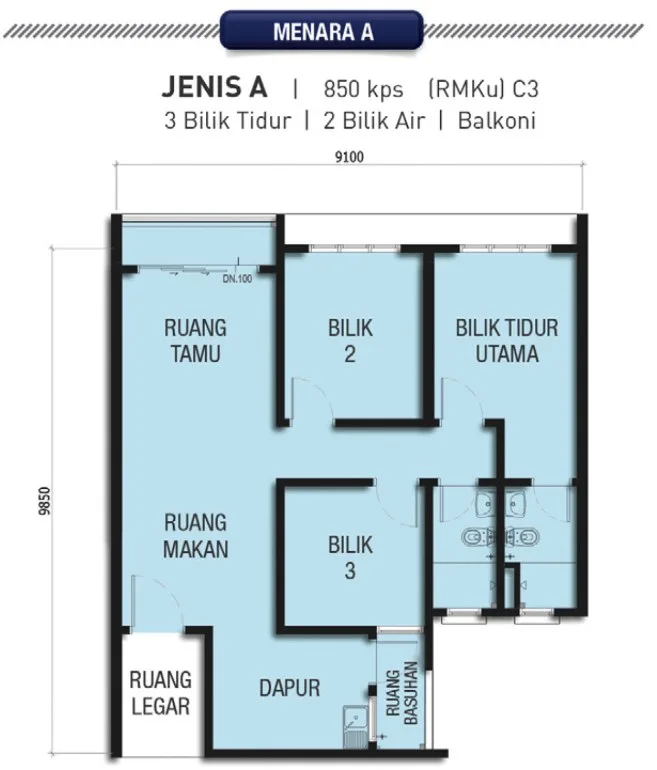 Taman Harmoni Vista Type A floor plan — 850 sq ft, three bedrooms, two bathrooms and a balcony, Tower A, Teluk Kumbar, Penang