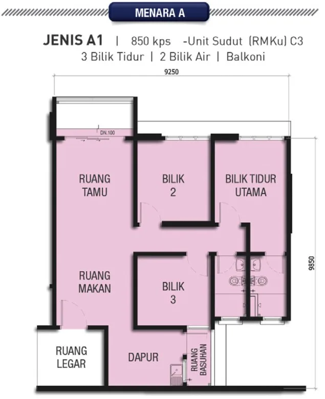 Taman Harmoni Vista Type A1 corner unit floor plan — 850 sq ft, three bedrooms, two bathrooms and a balcony, Tower A, Teluk Kumbar, Penang