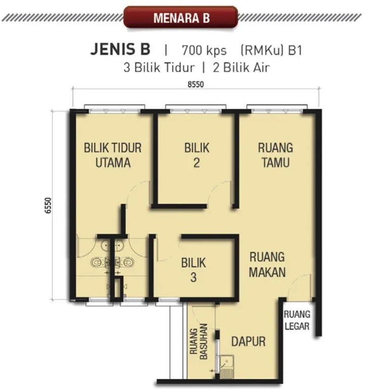 Taman Harmoni Vista Type B floor plan — 700 sq ft, three bedrooms and two bathrooms, Tower B, Teluk Kumbar, Penang