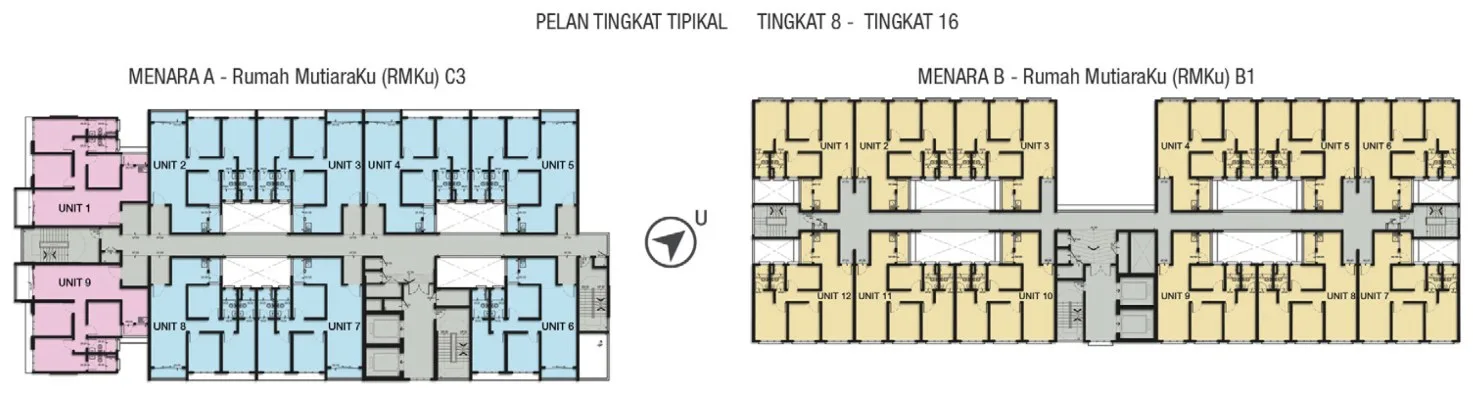 Taman Harmoni Vista typical floor plans for Levels 8 to 16 — nine units a floor in Tower A and twelve in Tower B, Teluk Kumbar, Penang