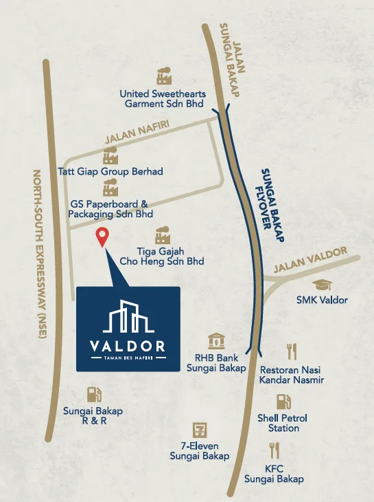 Valdor @ Taman IKS Nafiri location map from the project's microsite, showing Jalan Nafiri, the North-South Expressway and the Sungai Bakap flyover