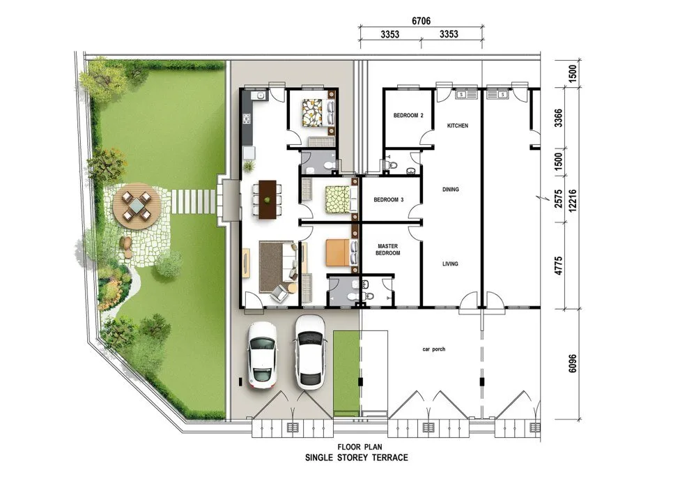 Floor plan of a Phase 2B single-storey terrace corner house at Taman Impiana, Bidor, Perak