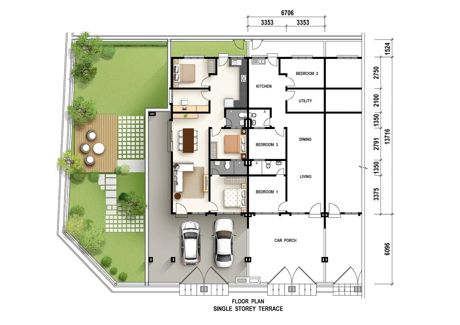 Floor plan of a Phase 4A single-storey terrace corner house at Taman Impiana, Bidor, Perak