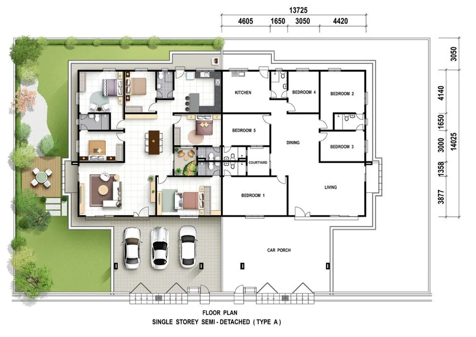 Floor plan of a Type A single-storey semi-detached house, Phase 7A, Taman Impiana, Bidor, Perak