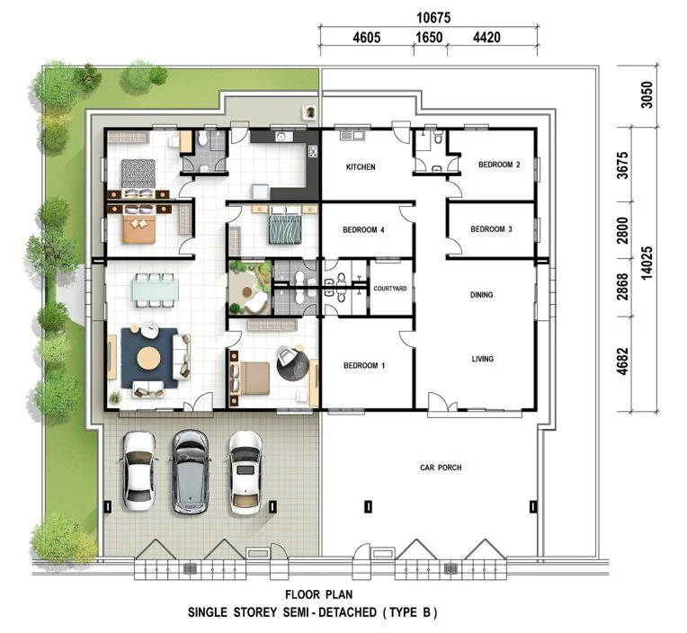 Floor plan of a Type B single-storey semi-detached house, Phase 7A, Taman Impiana, Bidor, Perak
