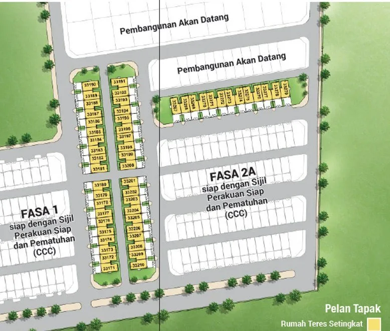 Site plan of the Phase 2B single-storey terraces at Taman Impiana, Bidor, Perak, beside the completed Phases 1 and 2A