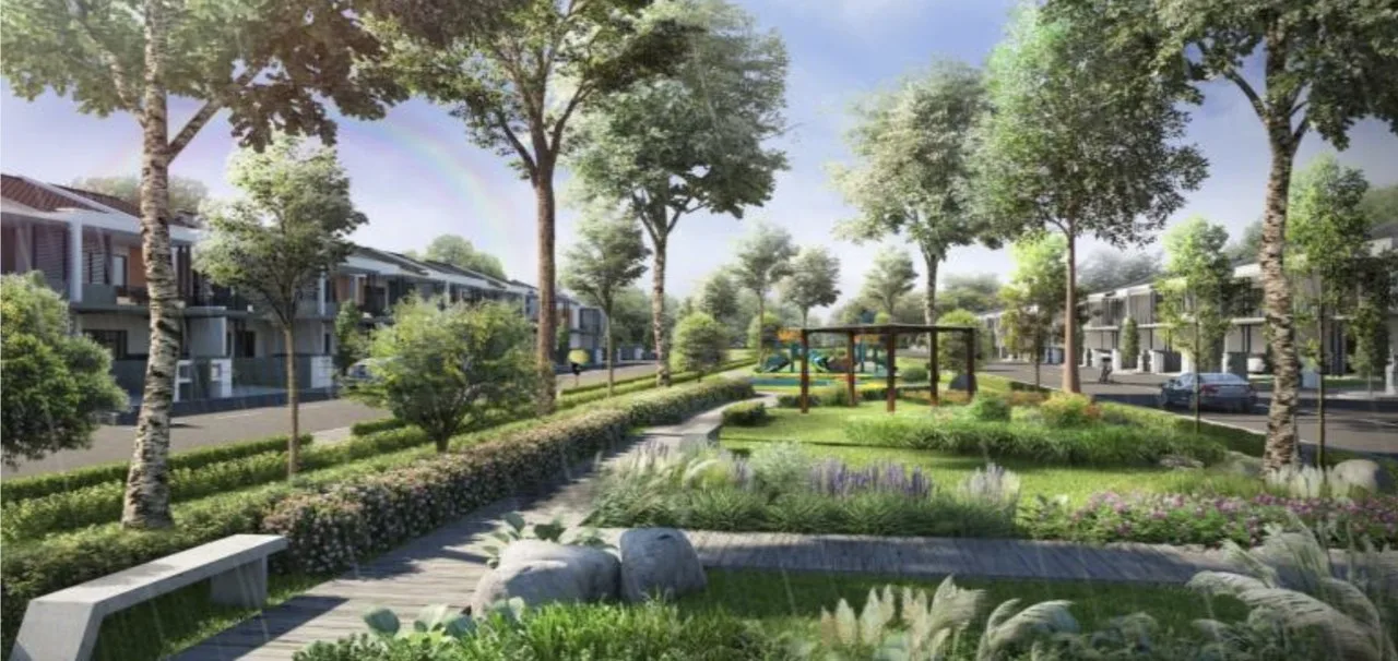 Taman Jasa Intan Garden Superlink artist's impression of the landscaped park and playground between the rows, Bukit Mertajam, Penang