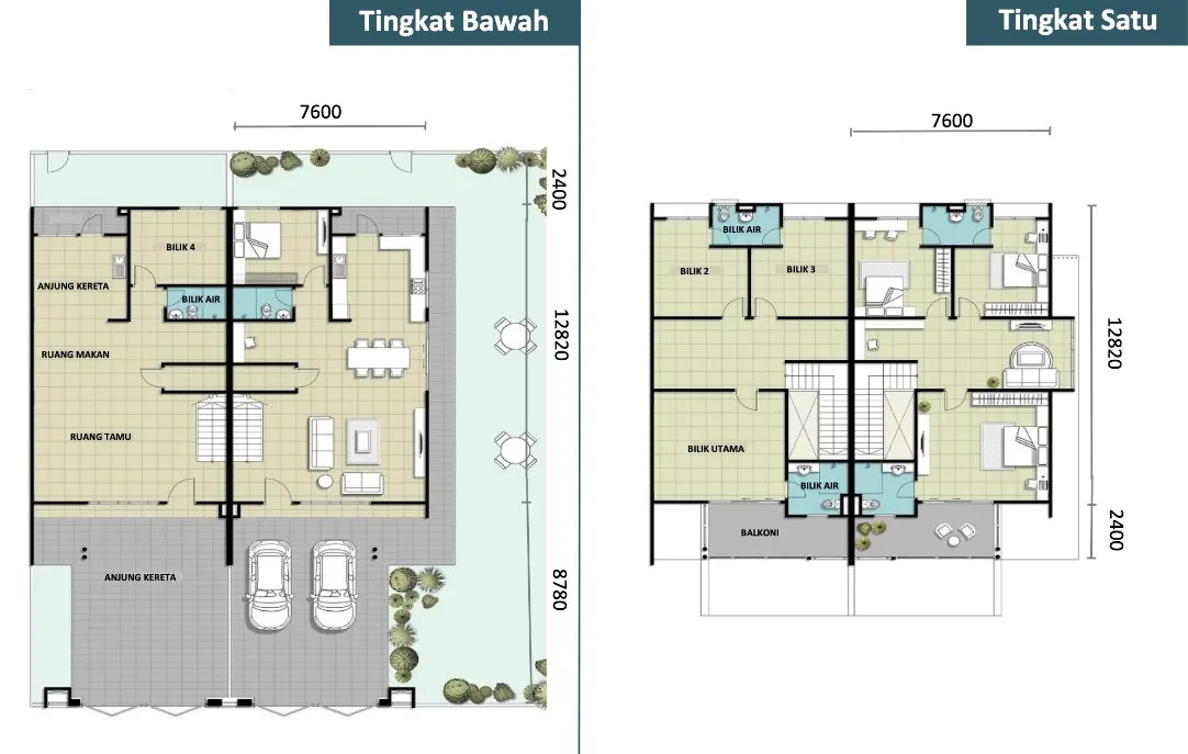 Taman Jasa Intan Garden Superlink Phase 2 Type C floor plan — ground and first floors, about 2,020 sq ft, four bedrooms, Bukit Mertajam, Penang