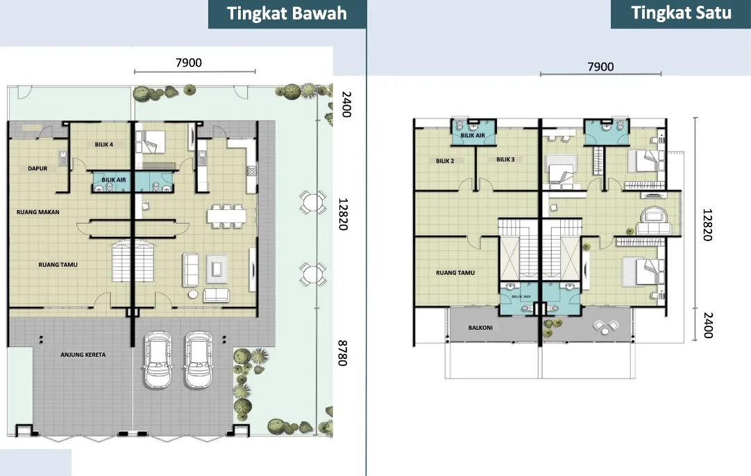 Taman Jasa Intan Garden Superlink Phase 2 Type D floor plan — ground and first floors, about 2,103 sq ft, four bedrooms, Bukit Mertajam, Penang