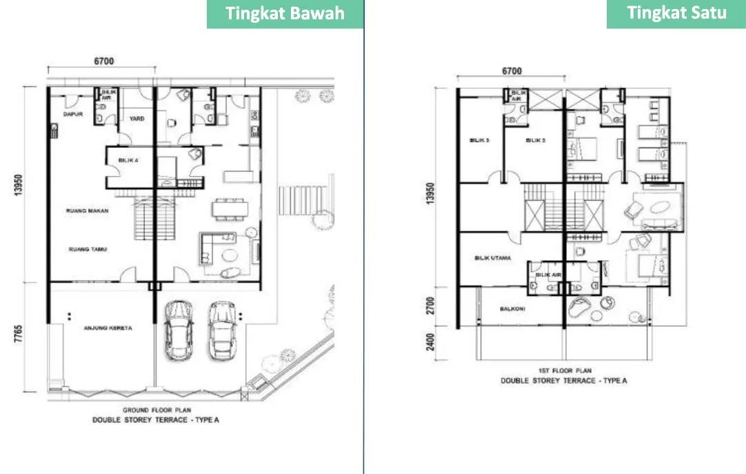 Taman Jasa Intan Garden Superlink Phase 3 Type A floor plan — ground and first floors, about 1,974 sq ft, four bedrooms, Bukit Mertajam, Penang
