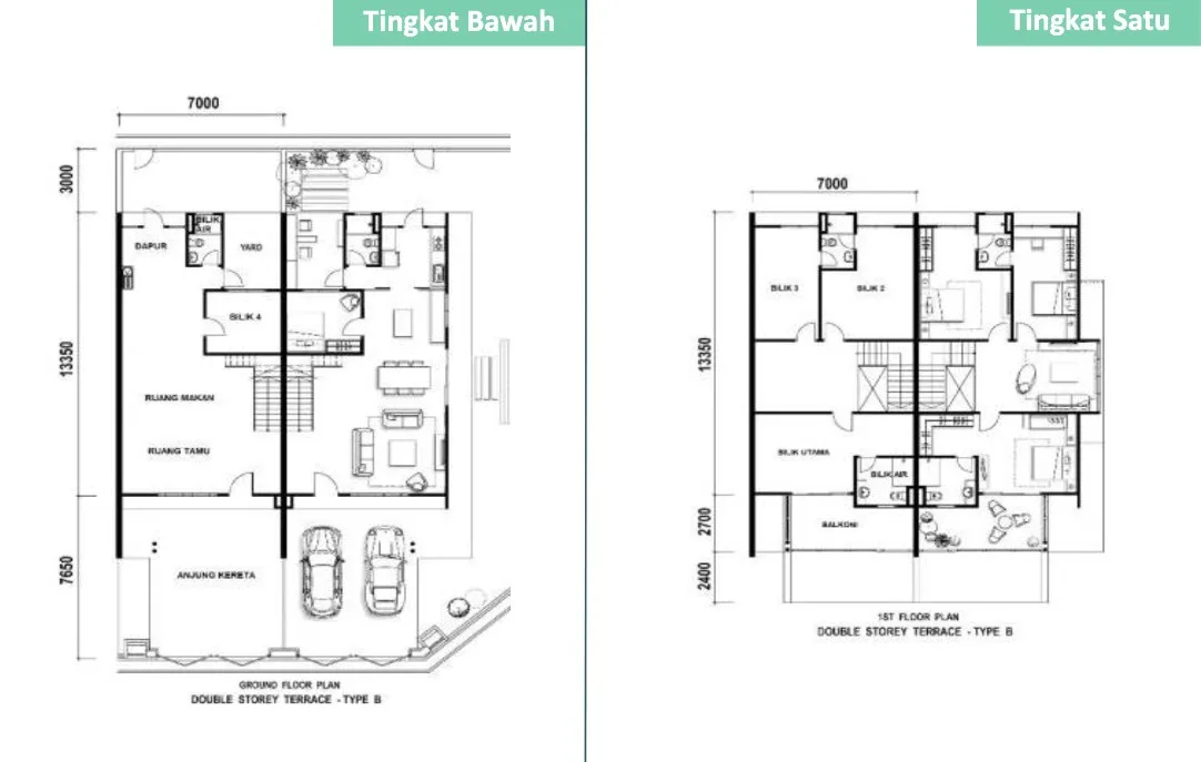 Taman Jasa Intan Garden Superlink Phase 3 Type B floor plan — ground and first floors, about 1,975 sq ft, four bedrooms, Bukit Mertajam, Penang