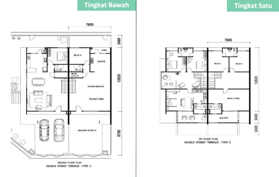 Taman Jasa Intan Garden Superlink Phase 3 Type C floor plan — ground and first floors, about 2,071 sq ft, four bedrooms, Bukit Mertajam, Penang