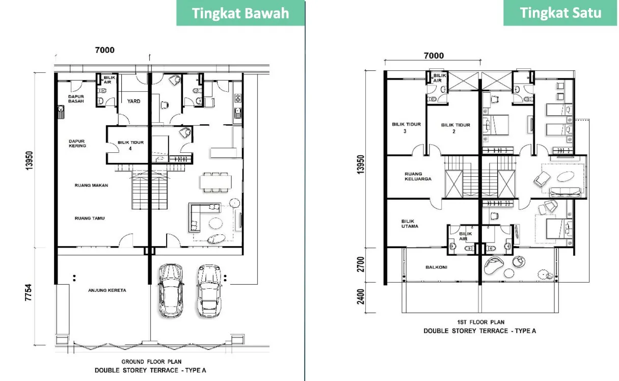 Taman Jasa Intan Garden Superlink Phase 4 Type A floor plan — ground and first floors, about 2,025 sq ft, four bedrooms, Bukit Mertajam, Penang