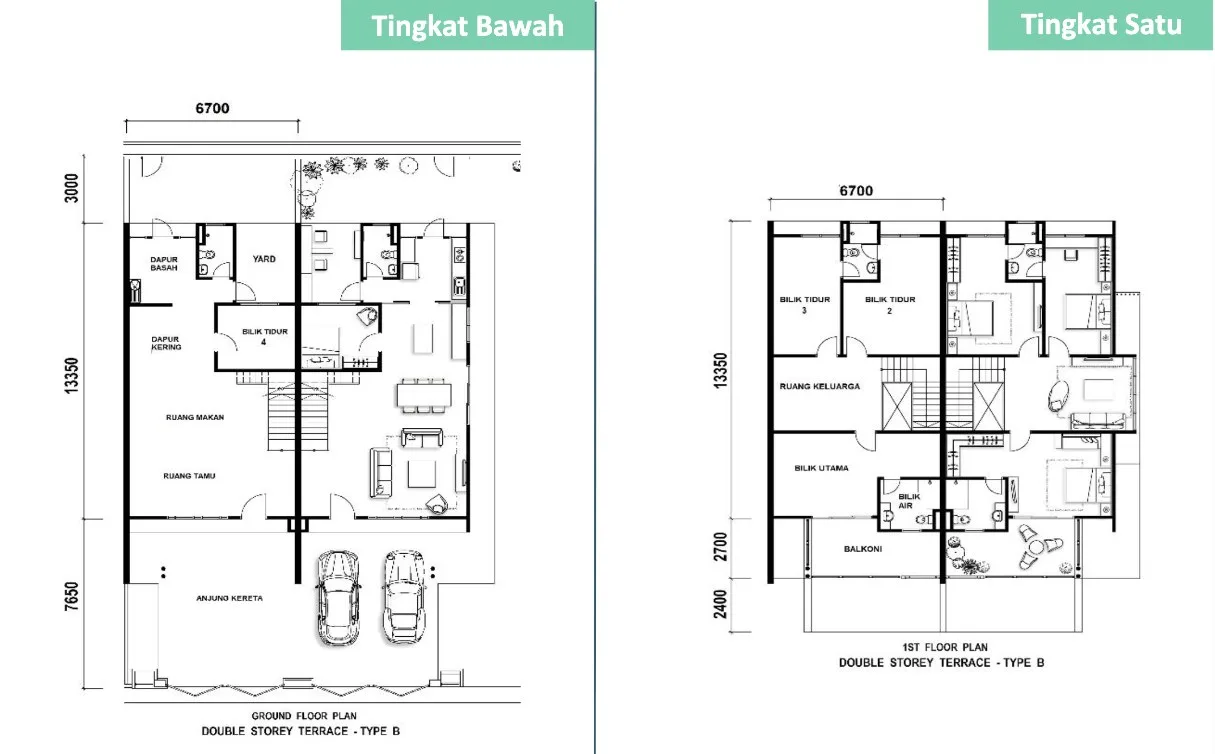 Taman Jasa Intan Garden Superlink Phase 4 Type B floor plan — ground and first floors, about 1,900 sq ft, four bedrooms, Bukit Mertajam, Penang