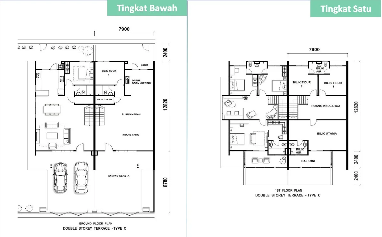 Taman Jasa Intan Garden Superlink Phase 4 Type C floor plan — ground and first floors, about 2,230 sq ft, four bedrooms, Bukit Mertajam, Penang