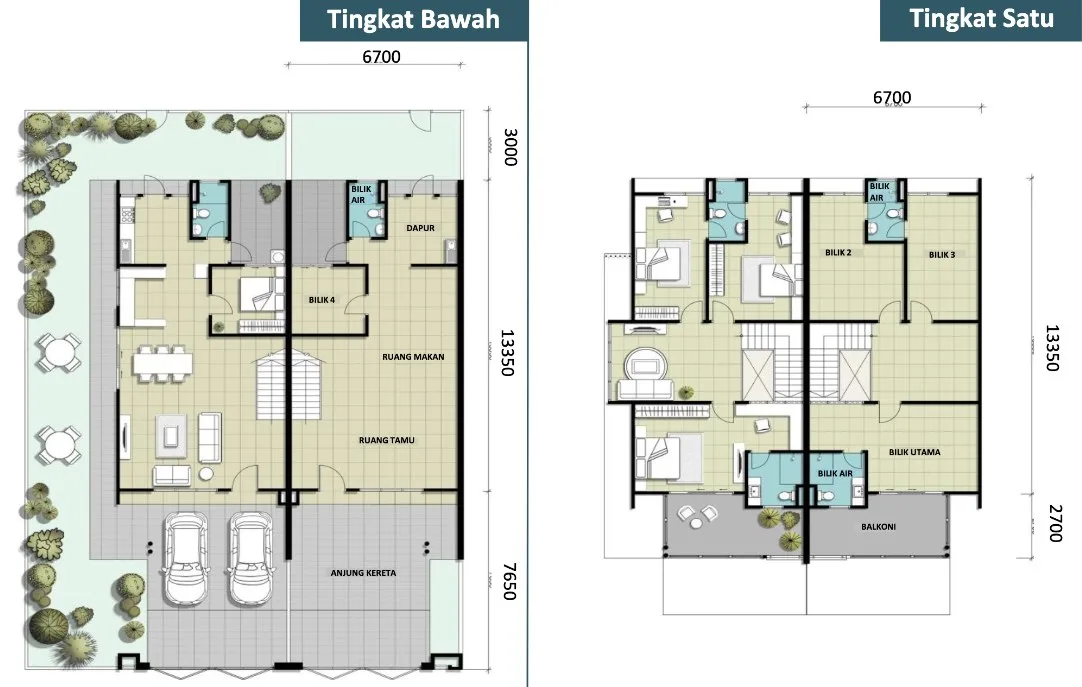 Taman Jasa Intan Garden Superlink Phases 1 and 2 Type A floor plan — ground and first floors, about 1,962 sq ft, four bedrooms, Bukit Mertajam, Penang