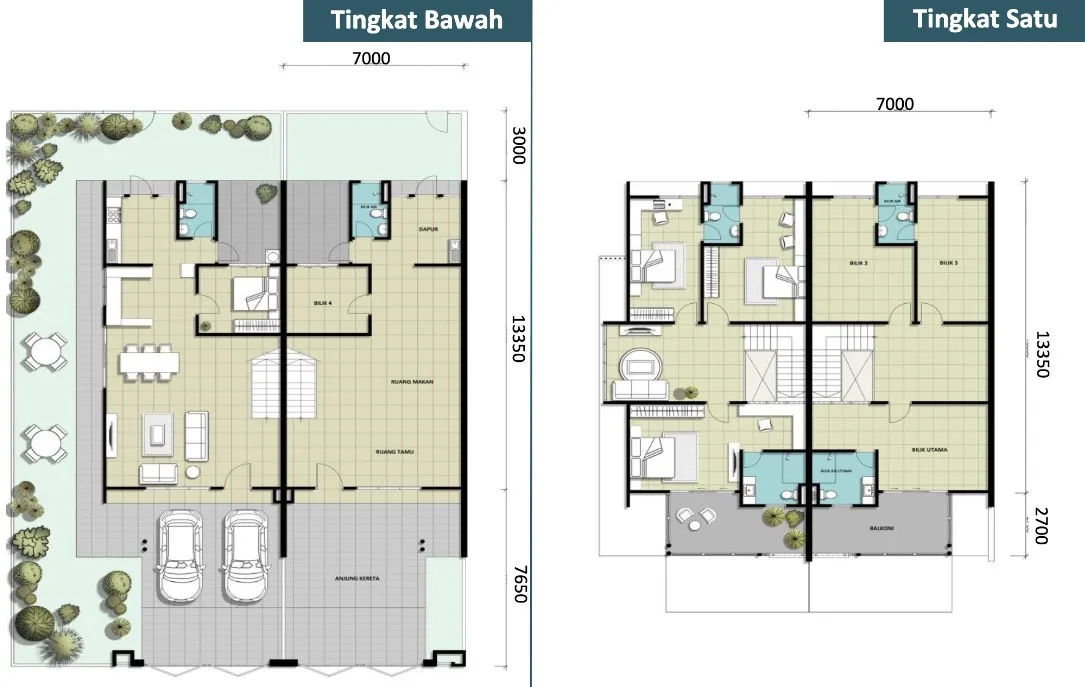 Taman Jasa Intan Garden Superlink Phases 1 and 2 Type B floor plan — ground and first floors, about 2,047 sq ft, four bedrooms, Bukit Mertajam, Penang