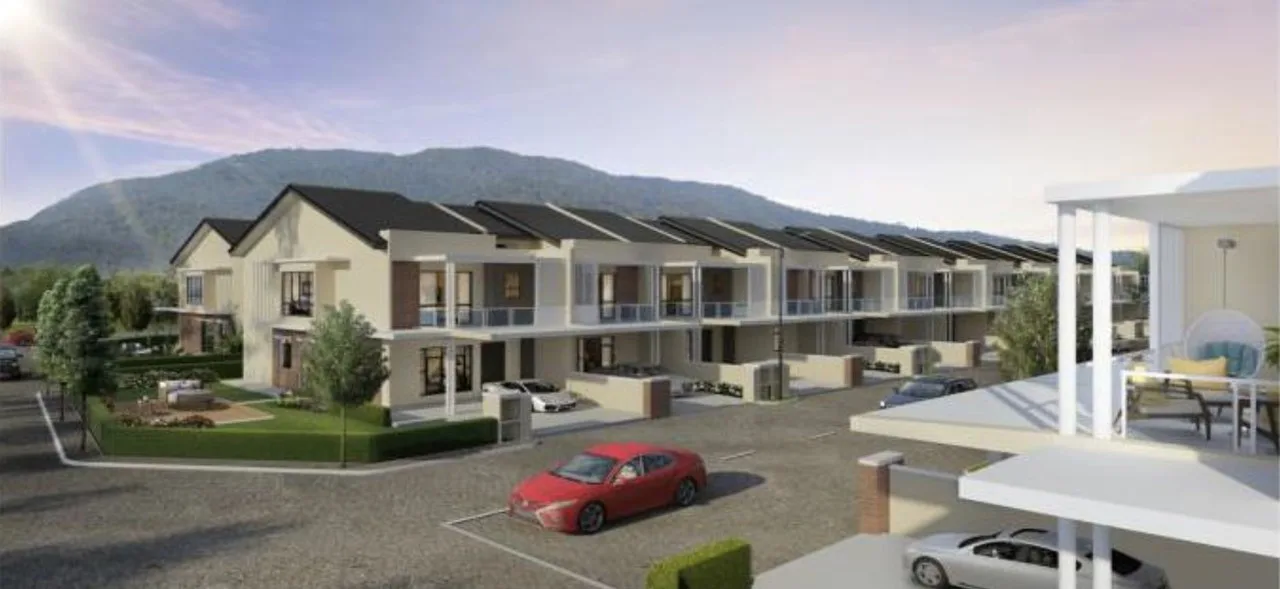 Taman Jasa Intan Garden Superlink artist's impression of a terrace row with the hills behind, Bukit Mertajam, Penang