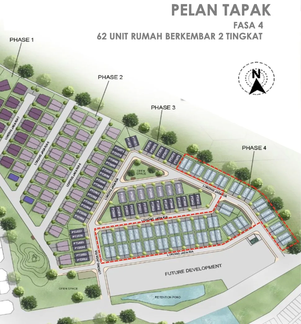 Taman Jasa Ria Fasa 4 site plan from the developer's filed advertisement, with the semi-detached lots of this phase outlined in red, Bukit Mertajam, Penang
