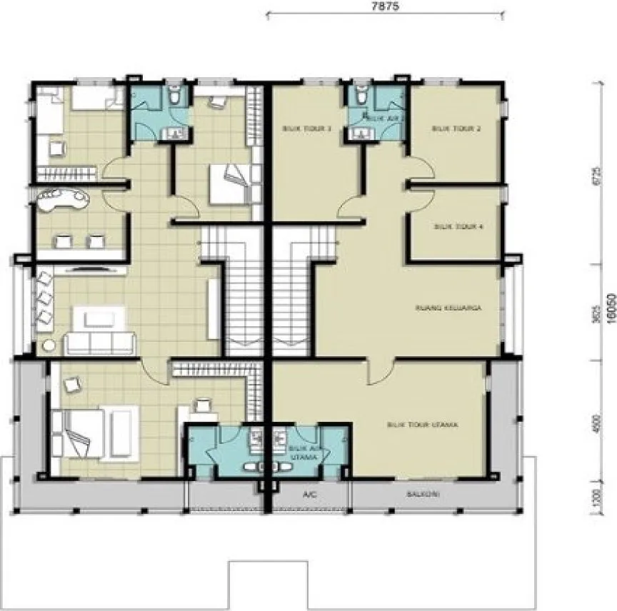 Garden Villas Phase 3 first-floor plan of a semi-detached pair — master bedroom with its own bathroom, three more bedrooms, family area and balcony, Bukit Mertajam, Penang