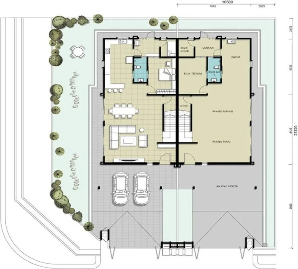 Garden Villas Phase 3 ground-floor plan of a semi-detached pair — living and dining rooms, kitchen, guest bedroom, utility room and car porch, Bukit Mertajam, Penang