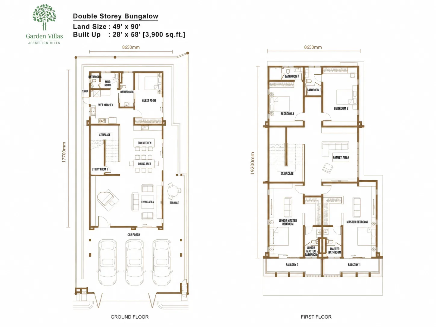 Garden Villas Phase 4 double-storey bungalow floor plan, ground and first floor, published by the developer, Bukit Mertajam, Penang