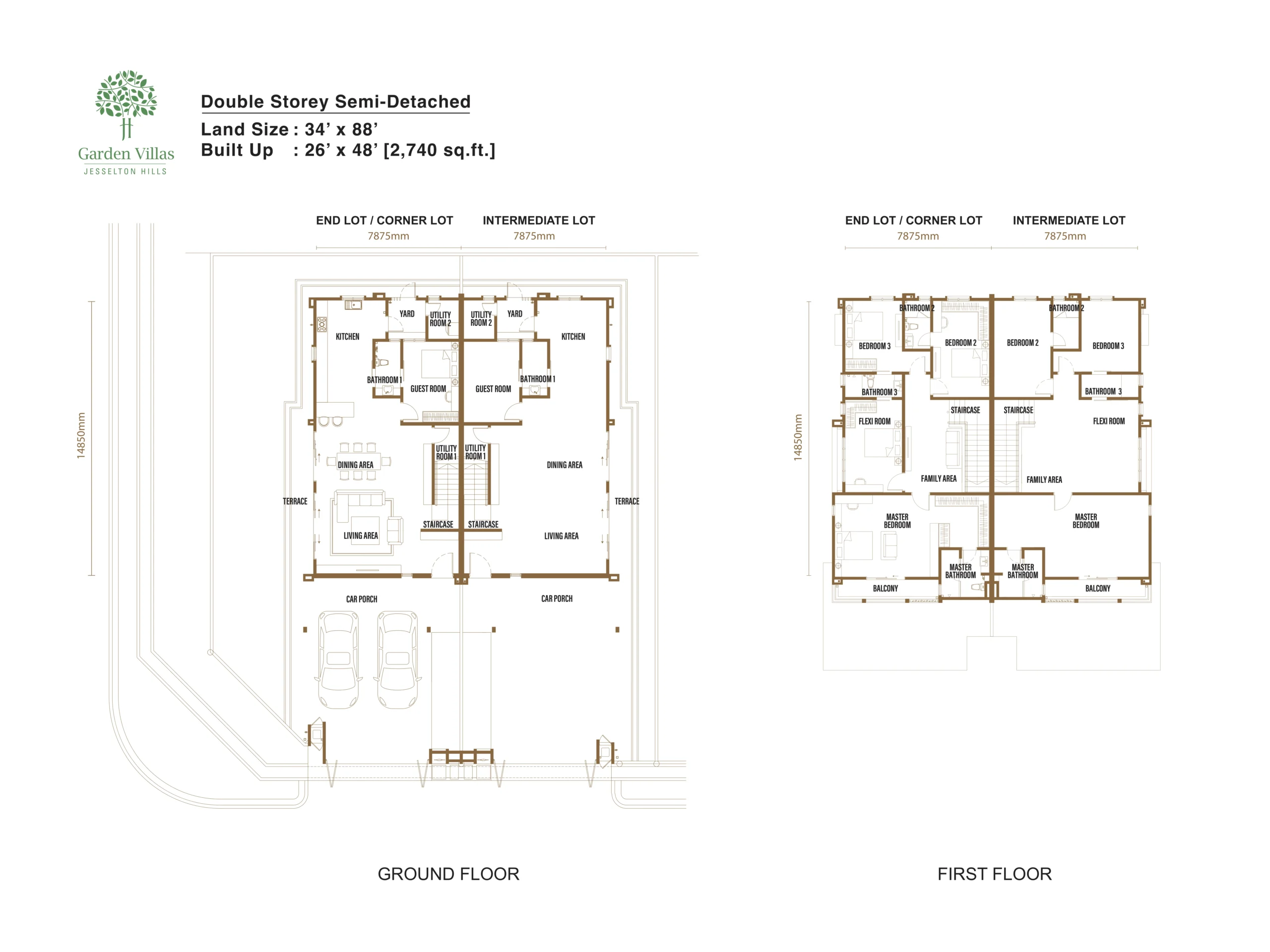 Garden Villas Phase 4 double-storey semi-detached floor plan, ground and first floor, published by the developer, Bukit Mertajam, Penang