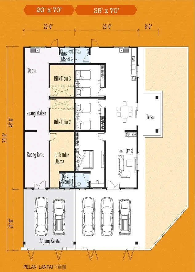 Floor plan of the Type A single-storey terrace, intermediate 20 x 70 ft and corner 25 x 70 ft lots, Taman Kamunting Pelangi, Kamunting, Taiping, Perak
