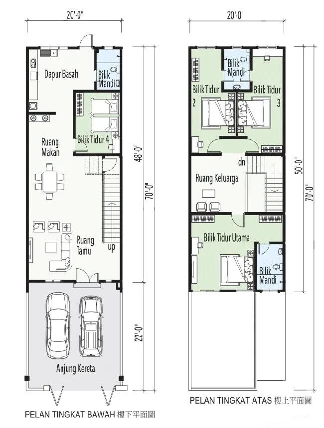 Ground and first floor plans of the Type B double-storey terrace, Taman Kamunting Pelangi, Kamunting, Taiping, Perak