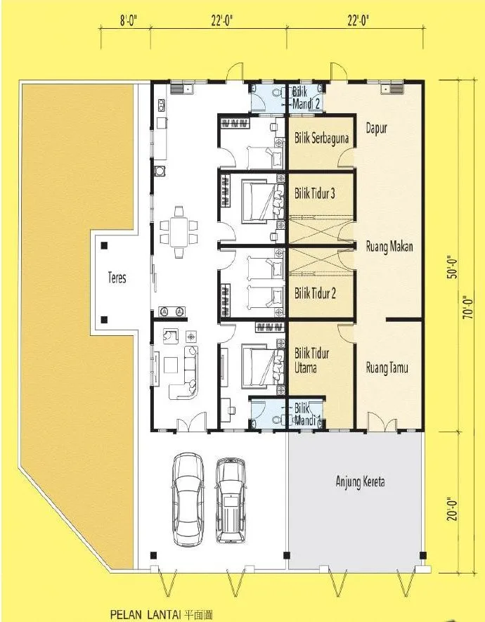 Floor plan of the Type C single-storey terrace on a 22 x 70 ft lot, Taman Kamunting Pelangi, Kamunting, Taiping, Perak