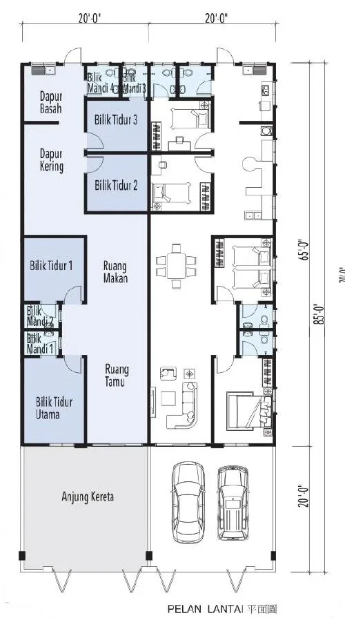Floor plan of the Type D single-storey terrace on a 20 x 85 ft lot, Taman Kamunting Pelangi, Kamunting, Taiping, Perak