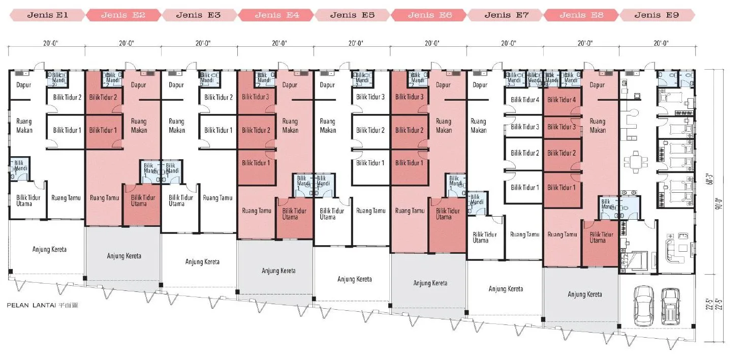 Floor plans of the nine Type E single-storey terrace variants E1 to E9, Taman Kamunting Pelangi, Kamunting, Taiping, Perak