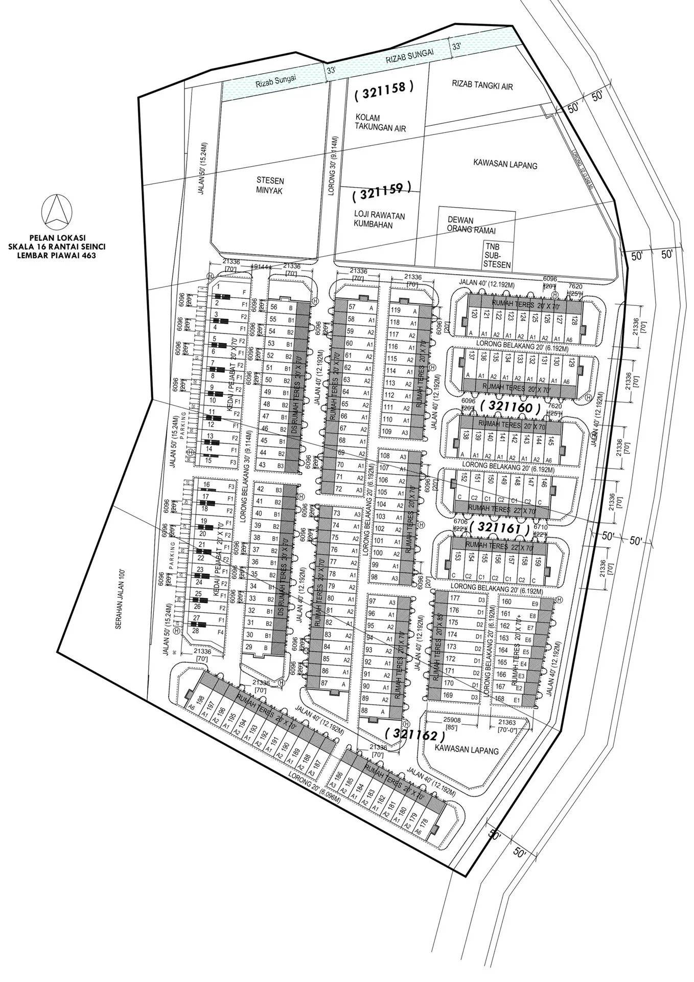 Layout plan of Taman Kamunting Pelangi showing the house rows, shop-office row and reserves, Kamunting, Taiping, Perak