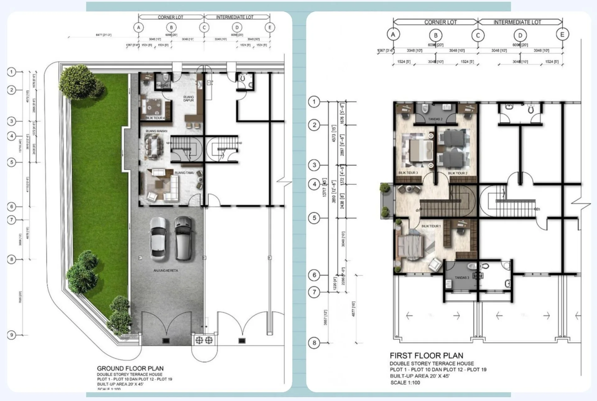 Ground and first floor plans of the double-storey terrace house at Taman Kamunting Permaisuri, Kamunting, Taiping, Perak