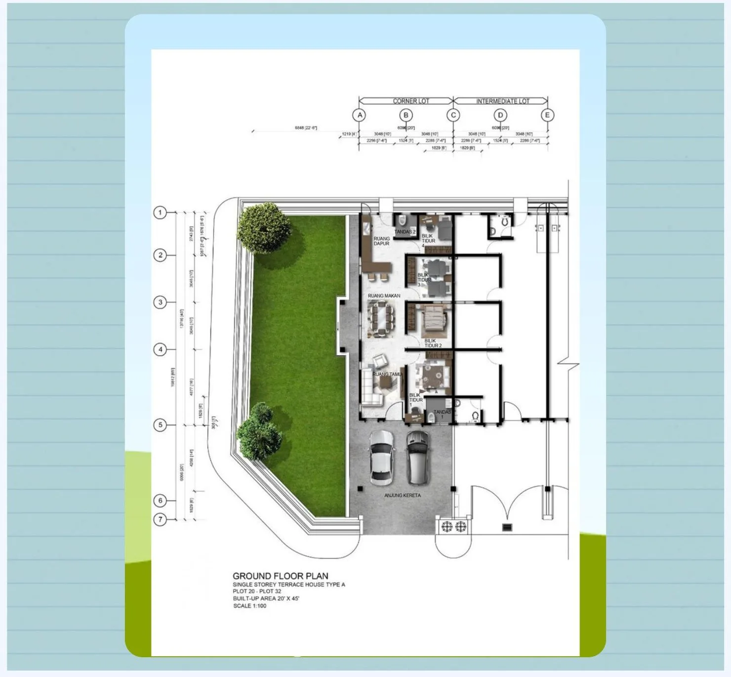 Ground floor plan of the Type A single-storey terrace house, plots 20 to 32, Taman Kamunting Permaisuri, Kamunting, Taiping, Perak