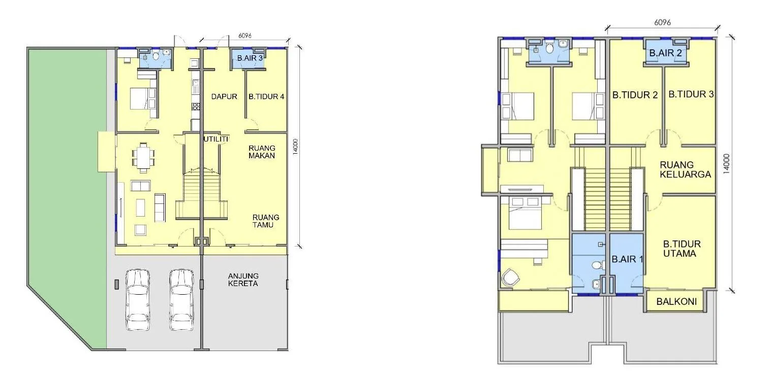 Ground floor (left) and first floor (right) plans of the double-storey terrace house Jenis 5 at Taman Kerian Putra, Parit Buntar, Perak