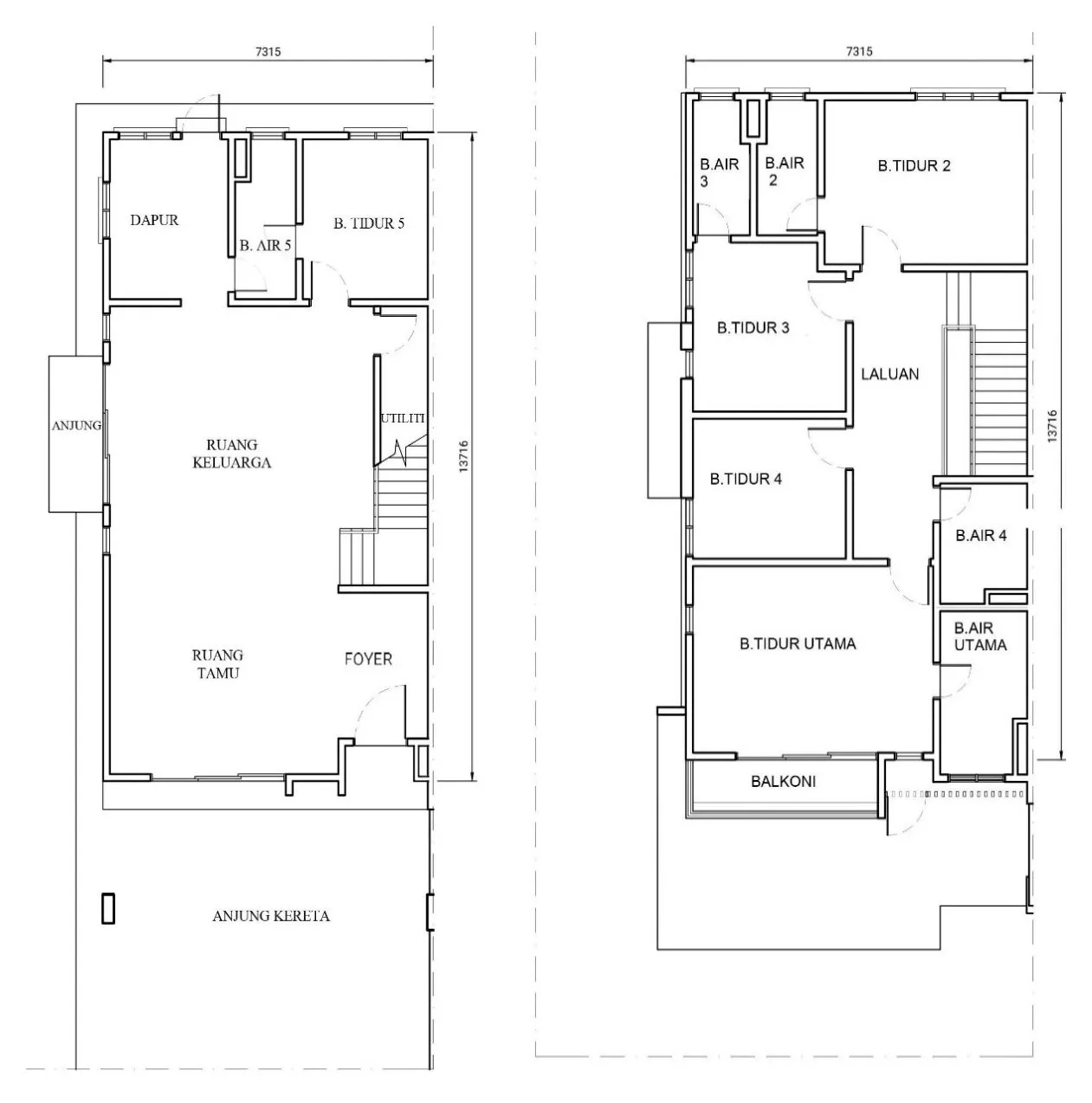 Ground floor (left) and first floor (right) plans of the double-storey semi-detached house Jenis 6 at Taman Kerian Putra, Parit Buntar, Perak
