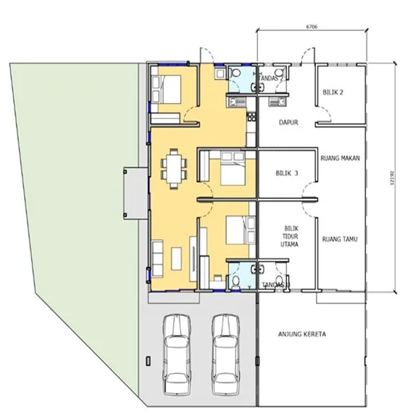 Floor plan of the 22-foot single-storey terrace house Jenis 1 at Taman Kerian Putra, Parit Buntar, Perak