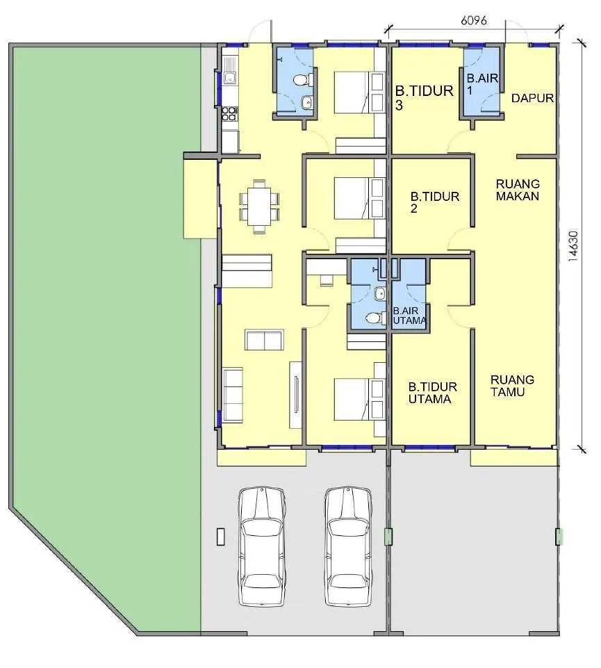 Floor plan of the single-storey terrace house Jenis 3 at Taman Kerian Putra, Parit Buntar, Perak: corner and intermediate units