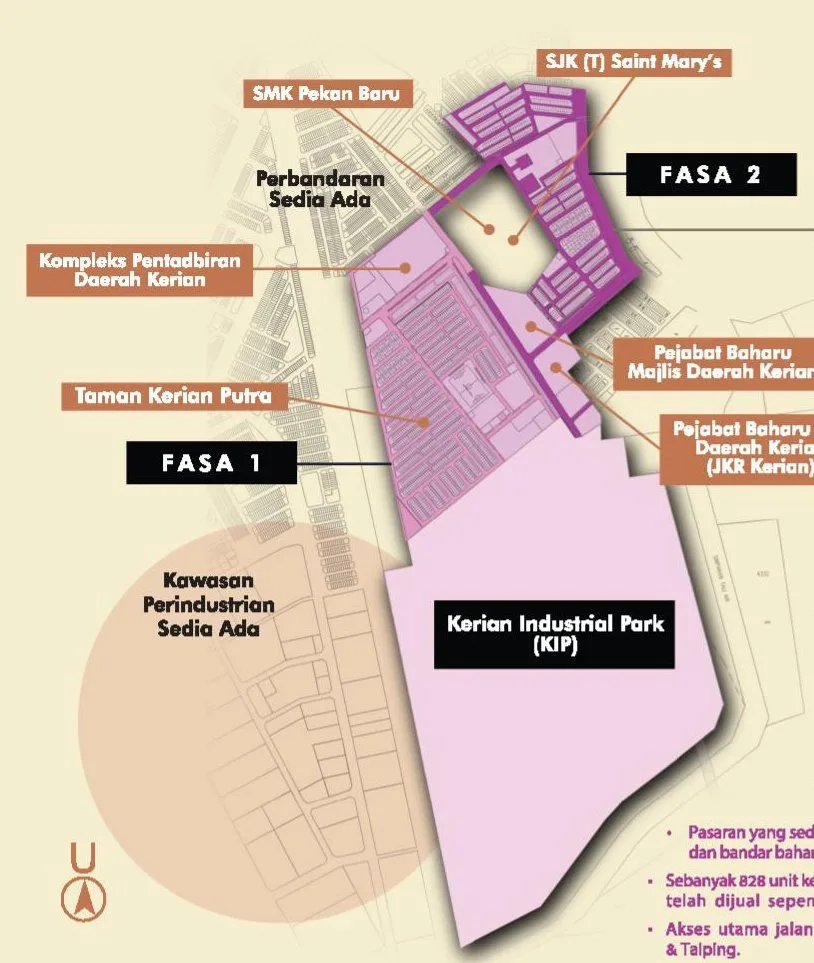 Developer's phase plan of Taman Kerian Putra showing Fasa 1, Fasa 2, the Kerian District Administrative Complex and Kerian Industrial Park, Parit Buntar, Perak